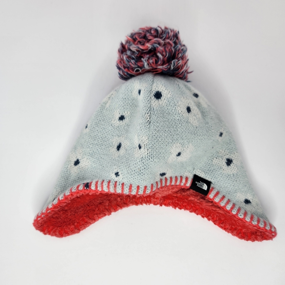 The North Face Kids' Pom-Pom Beanie Winter Hat Gray and Red XS 6-24 Month